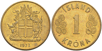 Исландия 1 крона 1973 THIN, SHARP-END 3 KM 12a никель латунь 106-237