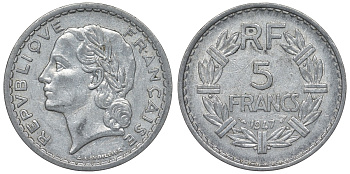 Франция 5 франков 1947 open 9 KM 888b.1, Le Franc 339.9 алюминий 4123-532