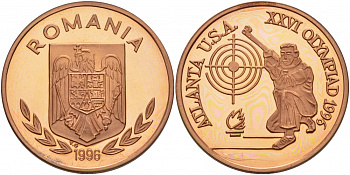 Румыния 100 леев 1996 XXVI Олимпийские игры 1996 года в Атланте, 100 лет Олимпийскому движению, стрельба, пробный выпуск  медь  PROOF  11-204-44