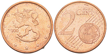 ФИНЛЯНДИЯ 2 ЕВРОЦЕНТА 2000 M KM 99 сталь плакированная медью UNC 214-317