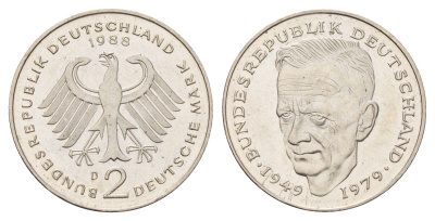 ФРГ 2 марки 1988 D, Курт Шумахер KM 149, J. 424 медно-никель 3459-1013