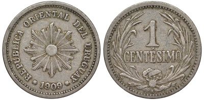 Уругвай 1 сентесимо 1909 KM 19 медно-никель 4169-615