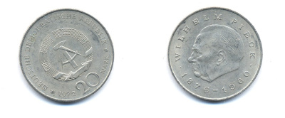 ГДР 20 марок 1972 А, Вильгельм Пик (1876-1960) KM 42 медно-никель 3333-342