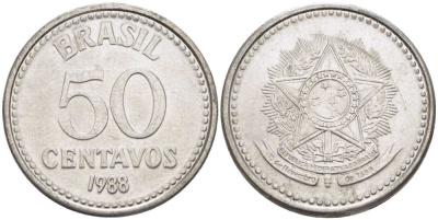 Бразилия 50 сентаво 1988 реформа 1986-1989 KM 604 нержавеющая сталь 3334-451