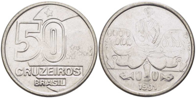 Бразилия 50 крузейро 1991 KM 620.2 нержавеющая сталь 4364-644