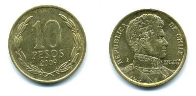 ЧИЛИ 10 ПЕСО 2009 ГЕНЕРАЛ БЕРНАРДО О ХИГГИНС KM 228.2 никель-бронза 37-736