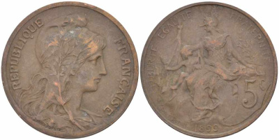 ФРАНЦИЯ 5 САНТИМОВ 1899 ТИП ДАНИЭЛЬ ДЮПЮИ KM 842, LE FRANC 119.7 бронза 108-821
