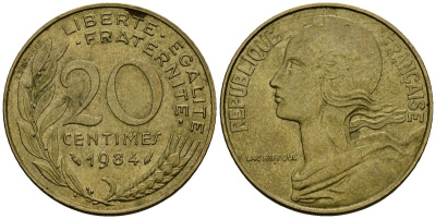 Франция 20 сантимов 1984 тип Marianne KM 930, Le Franс 156.24 медь алюминий никель 4135-621