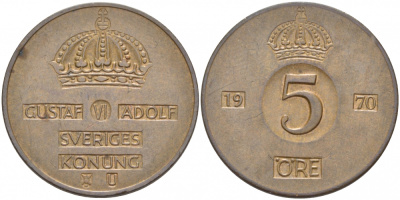 Швеция 5 эре 1970 U Густав VI Адольф (1950-1973) KM 822 бронза 175-1026