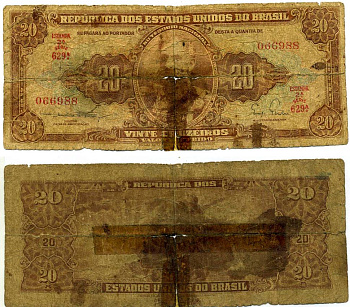 БРАЗИЛИЯ 20 КРУЗЕЙРО 1955-1961 СЕРИЯ 629А, ESTAMPA 2A, ПОДПИСЬ 3 Pick 160а бумага G 7215-53-2