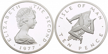 Остров Мэн 10 пенсов 1977 Елизавета II (1952-2022), тираж 10000 экземпляров КМ 36.1a серебро PROOF 650-531