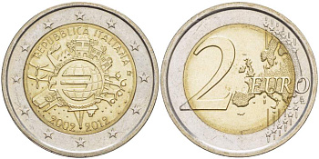 Италия 2 евро 2012 10 лет монетарной политике и наличному евро KM 350 биметалл UNC 4514-1012