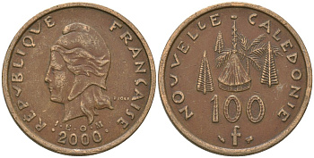 Французская Новая Каледония 100 франков 2000 хижина среди сосен и пальм, (IEOM) KM 15, Schoen 16, Lec 139d никель бронза 97-626