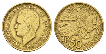 Монако 50 франков 1950 Ренье III (1949-2005) KM 132 алюминиевая бронза 4680-312