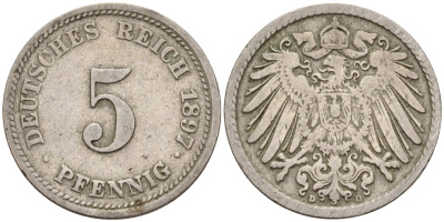 Германия 5 пфеннигов 1897 D KM 11, J. 12 медно-никель 4151-416