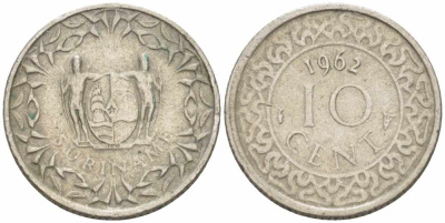 Суринам 10 центов 1962 KM 13 медно-никель 28-326