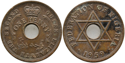 Нигерия 1 пенни 1959 Елизавета II (1952-), Британский протекторат KM 2 бронза 51-2647