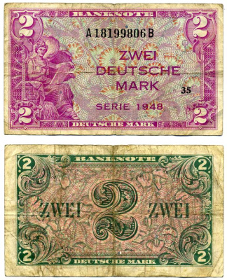 ФРГ 2 МАРКИ 1948 БЛОК 35, СЕРИЯ АВ, ВЫПУСК (20 МАЯ 1948 - 1 АПРЕЛЯ 1957) Pick 3а, Роземберг 234а бумага 2119-43-1-1