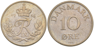 ДАНИЯ 10 ЭРЕ 1956 C; S, ФРЕДЕРИК IX (1947-1972) КМ 841.2 медно-никель UNC 187-636