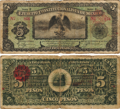 Мексика, Революция 5 песо 1914 Чиуауа, правительство конституционалистов Pick S524 бумага 6287-46-3