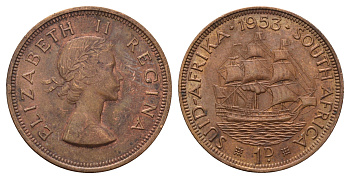 ЮАР 1 пенни 1953 Елизавета II (1952-2022), парусник KM 46 бронза 4692-212