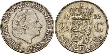 Нидерланды 2 1/2 гульдена 1960 Юлиана (1948-1980) KM 185 серебро 82-1146