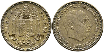 Испания 1 песета 1963 (64) Франсиско Франко (1939-1975) KM 775 алюминиевая бронза 110-1153