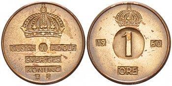 Швеция 1 эре 1960 TS, Густав VI Адольф (1950-1973) KM 820 бронза 4547-1047