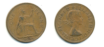 Великобритания 1 пенни 1966 Елизавета II (1952-2022) KM 897, Spink 4157 бронза 59-944