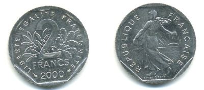 ФРАНЦИЯ 2 ФРАНКА 1993 ЖАН МУЛЕН KM 1062 никель 57-746