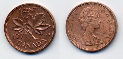 Канада 1 цент 1971 Елизавета II (1952-2022), кленовый лист KM 59.1 бронза 54-2356