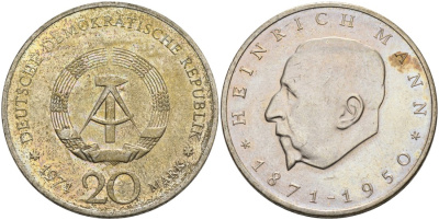 ГДР 20 марок 1971 А, 100 лет со дня рождения Генриха Манна (1871-1950) KM 33, J. 1531 медно-никель UNC 4558-612