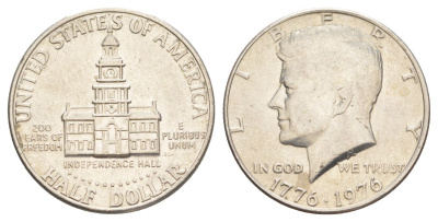 США 1/2 доллара (50 центов) 1976 200 лет независимости, Джон Кеннеди KM 205 медь плакированная медно-никелем aUNC 4545-135