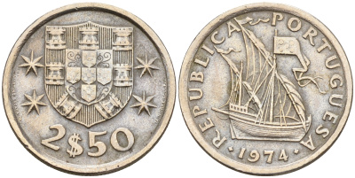 Португалия 2,5 эскудо 1974 парусник KM 590 медно-никель    4160-1215