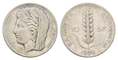 Греция 10 драхм 1930 год-тип, Деметра KM 72 серебро 4670-321