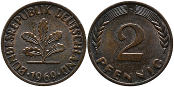 ФРГ 2 пфеннига 1969 G KM 106а, J.381а сталь плакированная медью 99-163