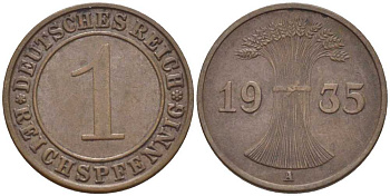 ГЕРМАНИЯ 1 РЕЙХСПФЕННИГ 1935 A KM 37, J. 313, Weege 2 бронза 211-129