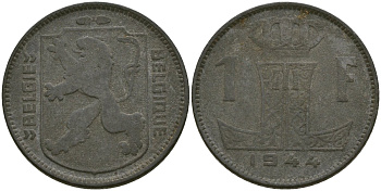 Бельгия 1 франк 1944 BELGI? - BELGIQUE KM 128 цинк 51-627