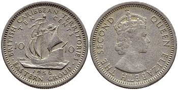 Британские Восточно-Карибские территории 10 центов 1956 Елизавета II (1952-2022), парусник KM 5 медно-никель 4387-548