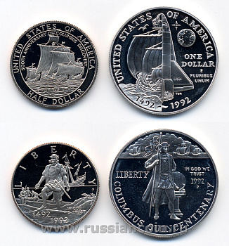 США набор из 2 монет 1992 500 лет открытия Америки, в фирменной коробке с сертификатом KM 237, 238 серебро, медь плакированная медно-никелем PROOF 5-4-1-41