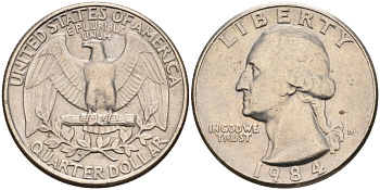 США 25 центов (квотер) 1984 D, Вашингтон KM A164a медь плакированная медно-никелем 92-1231