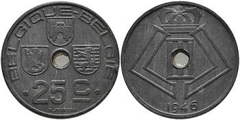 БЕЛЬГИЯ 25 САНТИМОВ 1946 BELGIQUE-BELGIE, ГЕРМАНСКАЯ ОККУПАЦИЯ, ВТОРАЯ МИРОВАЯ ВОЙНА KM 131 цинк 94-435