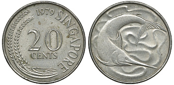 СИНГАПУР 20 ЦЕНТОВ 1979 ГОЛУБОЙ МАРЛИН, ТУНЕЦ KM 4 медно-никель 72-444