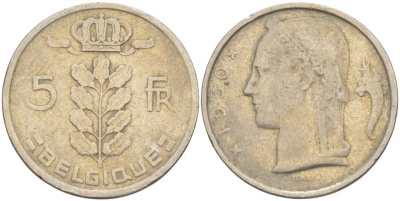 БЕЛЬГИЯ 5 ФРАНКОВ 1950 BELGIQUE, БОДУЭН I (1951-1993) KM 134.1 медно-никель 4546-317