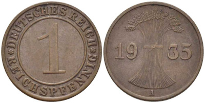ГЕРМАНИЯ 1 РЕЙХСПФЕННИГ 1935 A KM 37, J. 313, Weege 2 бронза 211-129