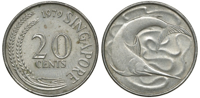 СИНГАПУР 20 ЦЕНТОВ 1979 ГОЛУБОЙ МАРЛИН, ТУНЕЦ KM 4 медно-никель 72-444