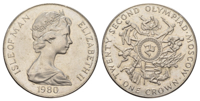 Остров Мэн 1 крона 1980 XXII летние Олимпийские Игры, Москва 1980, борцы вверху монеты KM 67 медно-никель BU 4125-932