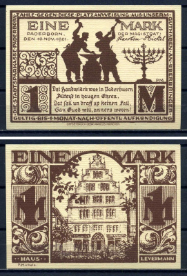 Падерборн (Вестфалия) 1 марка 1921 дом Леверманн DeNG 1/2 1043.7-4/5 картон UNC (пресс) 7556-2-4-2