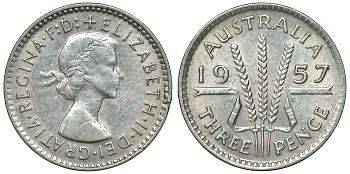 Австралия 3 пенса 1957 m, Елизавета II (1952-2022) KM 57 серебро 71-544