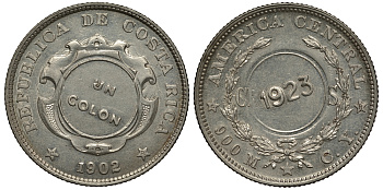 Коста-Рика 1 колон 1923 надчеканка на 50 сентимо 1902 KM 164 серебро 272-825